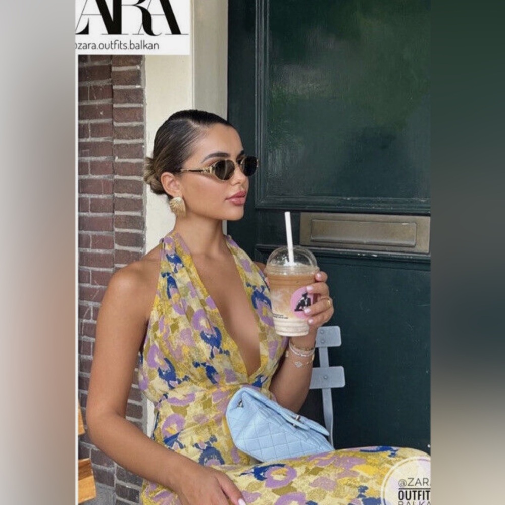 ZARA Yellow Floral Halter Maxi Dress M | Backless Summer Vacation Resort Dress - Picture 4 of 8